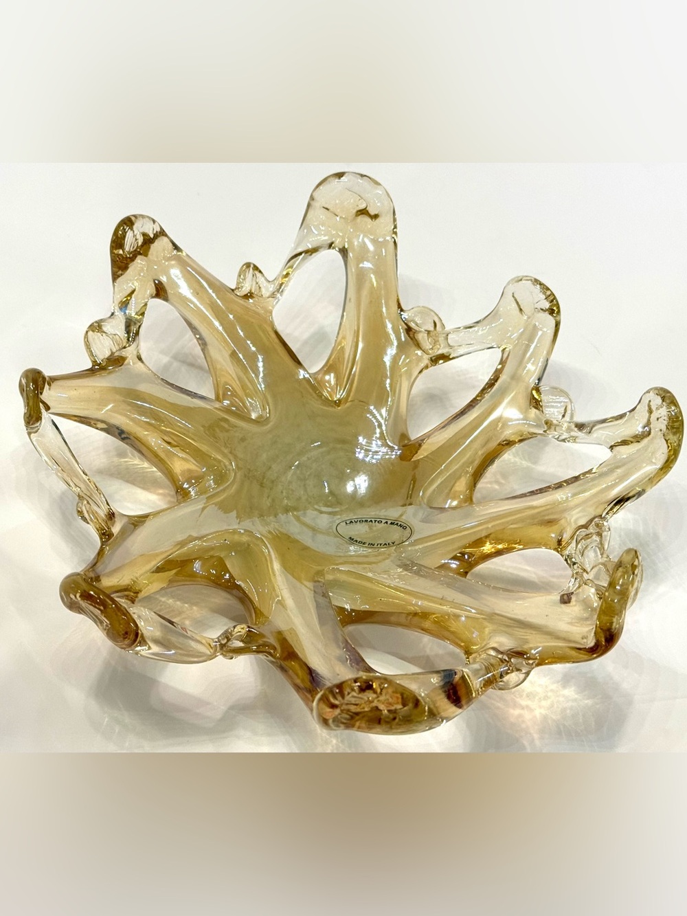 Vintage Italian Hand Blown Amber Art Glass Freeform Bowl Lavorato a Mano 7”